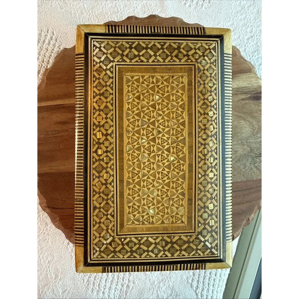 Vintage Ultra Micro Mosaic Mother Of Pearl Inlay Wooden Rectangle Box